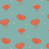 seamless pattern with groovy hearts. Vintage groovy hearts vector background. Retro wallpaper.