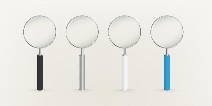 Set of four magnifying glasses, loupes with various color of grips. vector