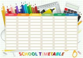 School Timetable vector template, timetable from Monday to Sunday on background with school office supplies.