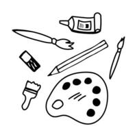 Sketch of a round palette with liquid acrylic paints, pencils, eraser and an artistic brush. Symbol of art and creativity. Hand drawn and isolated on white. Black and white vector illustration