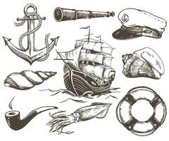 Elements of the life of a sea fisherman. Anchor with a rope, captain's cap, smoking pipe, life buoy, squid, spyglass, sailing ship, sea clams. Vector illustration in vintage style, engraving effect.
