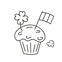 Cupcake with flag and clover vector in Doodle. Isolated icon black line. Festive Bakery outline.