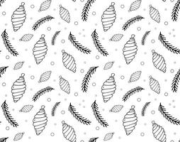 Christmas seamless pattern balls tree brunch. Black and white Vector illustration.