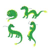 Set of green chinese dragons. Zodiac sign. Vector flat illustration.