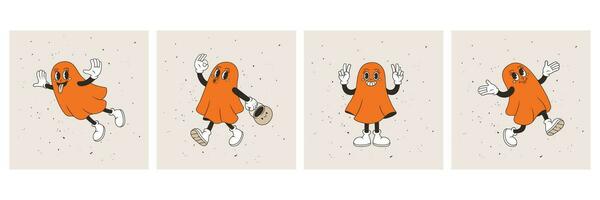 Set of Halloween cards with funny ghost character. Vector illustration in retro style.