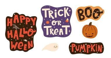 Happy Halloween stickers lettering set. Vector handwritten text, phrases collection. Trick or treat, boo, pumpkin. Cute inscription for cards, invitations. Funny spooky illustration, sayings, quotes.