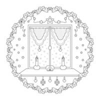 Mandala. Christmas atmosphere with candles, warm and comforting. Window and snow falling. Christmas coloring page. vector