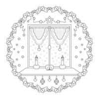 Mandala. Christmas atmosphere with candles, warm and comforting. Window and snow falling. Christmas coloring page. vector