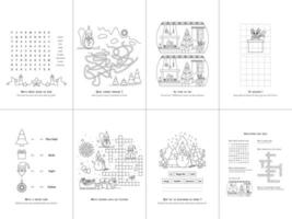 Set of seven games. Christmas Theme. Game and coloring page for kids. French language. Set No. 1. vector