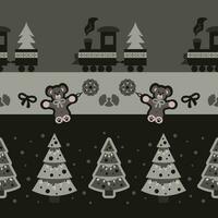 Seamless Pattern. Little Christmas train carrying the Christmas tree. Cute cuddly bear. Christmas tree and angel. Dark gray and Almond Green color. vector