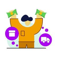 illustration of a character holding money who has paid for online shopping vector