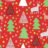 Christmas trees, reindeers pattern on red background. Hand drawn Christmas pattern in cut out style vector