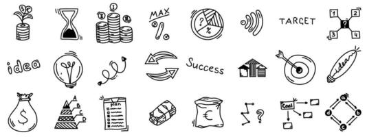 Set of doodle business icons. Lamp idea, target, cloud, money plant, clock, paper plan, schemes, pyramids, lettering, arrows, lamp, money tree, coins. Sketch line vector success signs