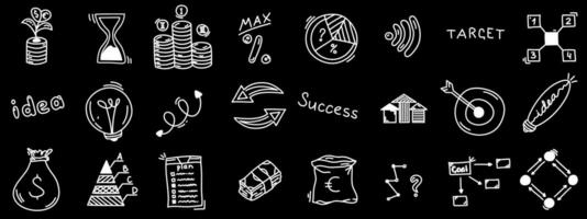 Set of doodle business icons. Lamp idea, target, cloud, money plant, clock, paper plan, schemes, pyramids, lettering, arrows, lamp, money tree, coins. Sketch line vector success signs