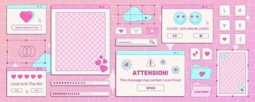 Set of screens of an old retro PC in the y2k style with greetings on a Valentine Day holiday. Retro backgrounds, opened pc windows. Pink vintage computer interfaces with hearts and text, vector art.