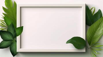 Blank frame with green leaves and white background in a natural way photo