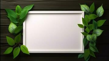 Blank frame with green leaves and white background in a natural way photo