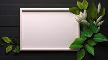 Blank frame with green leaves and white background in a natural way photo