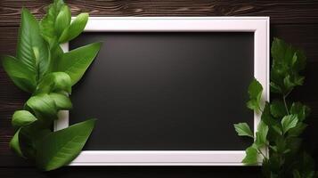 Blank frame with green leaves and white background in a natural way photo