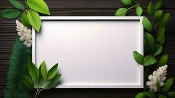 Blank frame with green leaves and white background in a natural way photo