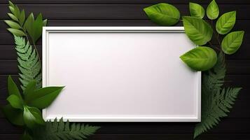 Blank frame with green leaves and white background in a natural way photo