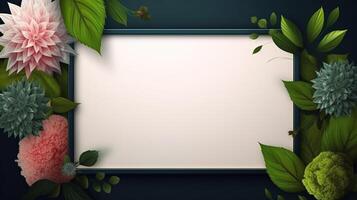 Blank frame with green leaves and white background in a natural way photo