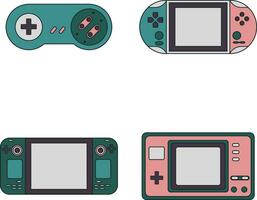 Retro Game Console With Flat Cartoon Design. Vector Illustration Set.