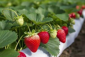 Bush of ripe organic strawberries in the garden. Berry closeup. Generative AI photo