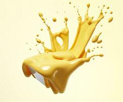 Cheese sauce splashing in the air with cheddar cheese, 3d rendering. Generative AI photo