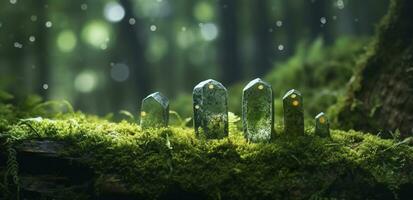Crystals with moon phases image of moss in a mysterious forest, natural background. Generative AI photo