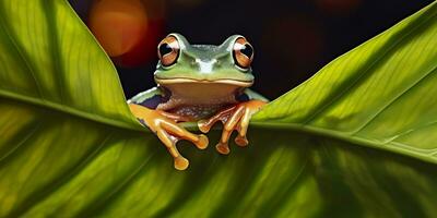 regordete rana en hojas, rana, anfibio, reptil. generativo ai foto