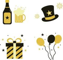 New Year Party With Carton Design. Vector Illustration Set.