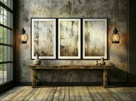 empty white living room with an open door and white wooden floor, a room with a wooden table and a poster hung above photo