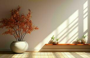 vacío blanco vivo habitación con un abierto puerta y blanco de madera piso, un habitación con un de madera mesa y un póster colgado encima foto