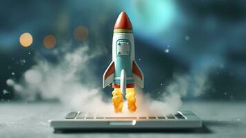 A small rocket takes off from a Laptop with vibrant color combinations in light sky blue and light gray colors for a website, business, and financial success concepts.  AI Generative photo