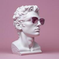 The head of a white mythological statue with fashionable pink glasses on his eyes, frame in profile. AI Generative photo