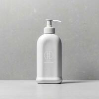 Cosmetic rounded all white soap bottle mockup on white table. AI Generative photo