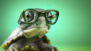 un linda pequeño verde Tortuga con anteojos, generar ai foto