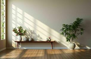 empty white living room with an open door and white wooden floor photo