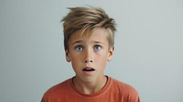 Scared Boy Looking at the Camera Isolated on the Minimalist Background photo