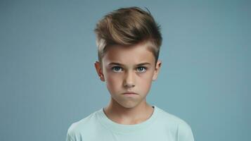 Scared Boy Looking at the Camera Isolated on the Minimalist Background photo