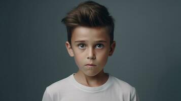 Scared Boy Looking at the Camera Isolated on the Minimalist Background photo