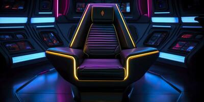 80s Inspired Captain Chair from Star Trek with Neon Lights and Cockpit Interior Background. AI Generative photo