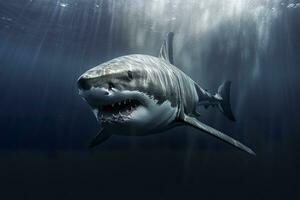 The King of the Ocean, The Great White male shark Hunter underwater view, Guadalupe island, Mexico. AI Generative photo