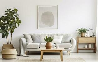 Boho open space interior in a cozy apartment with a design. Generative AI photo