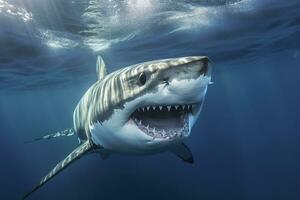 The King of the Ocean, The Great White male shark Hunter underwater view, Guadalupe island, Mexico. AI Generative photo