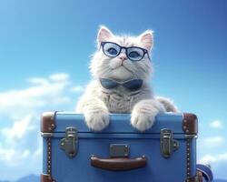 Cute cat on blue suitcase with sunglasses. AI Generative photo