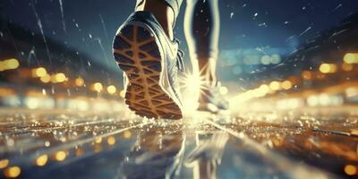 Runner feet running on a stadium, closeup on feet, sports background, space for copy, AI Generative photo