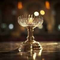 el dorado custodia con un pequeño transparente cristal centro, consagrado anfitrión. Iglesia desenfocado antecedentes. ai generativo foto