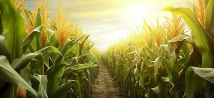 de cerca maíz mazorcas en maíz plantación campo. generativo ai foto